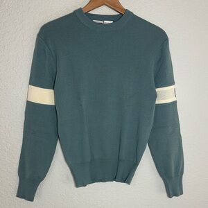 Vintage Obermeyer 100% Wool Crewneck Sweater Teal Green Cream Logo Ski Medium